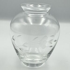 Princess House Heritage Etched Clear Glass Vase 4.25" Tall Vintage Floral Accent